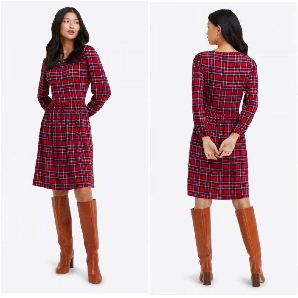 Draper James Fit & Flare Red & Blue Angie Plaid Long Sleeve Dress Size Medium